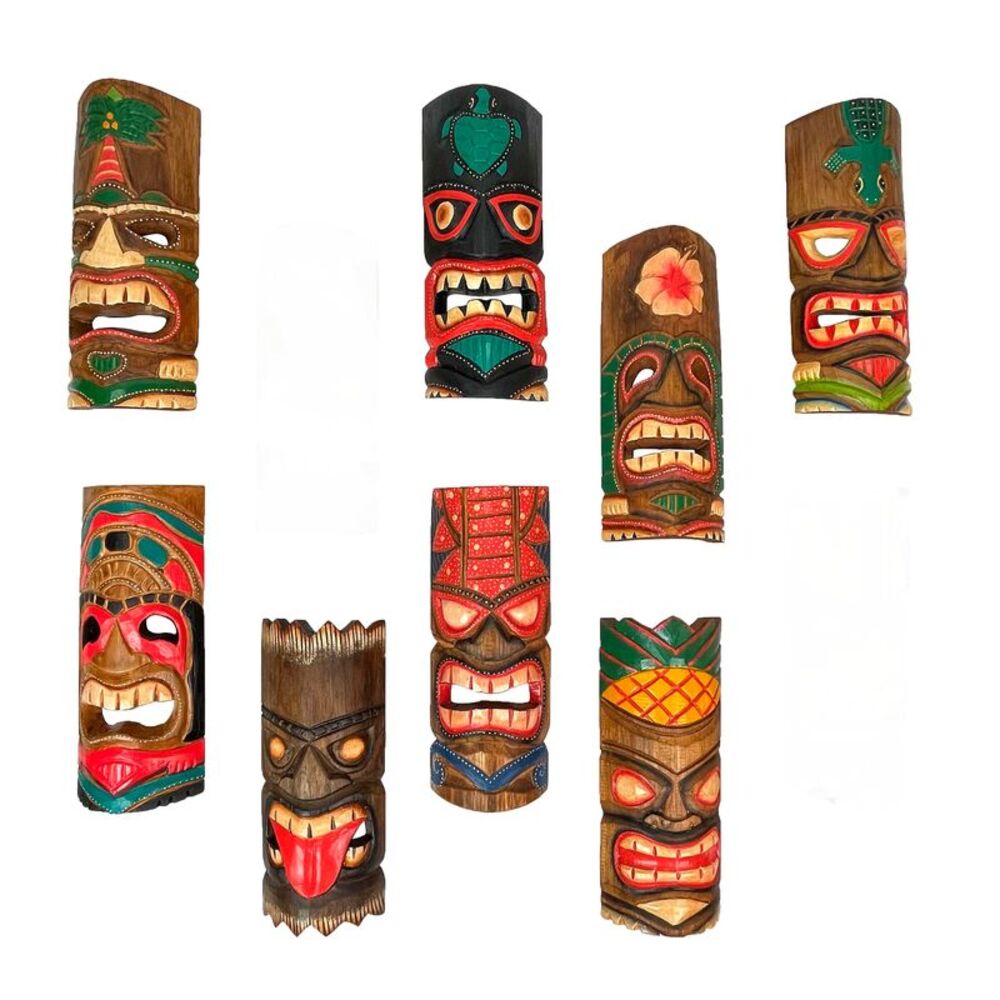 Set of 8 Hand Carved Tropical Island Style Tiki Masks 12 Inch